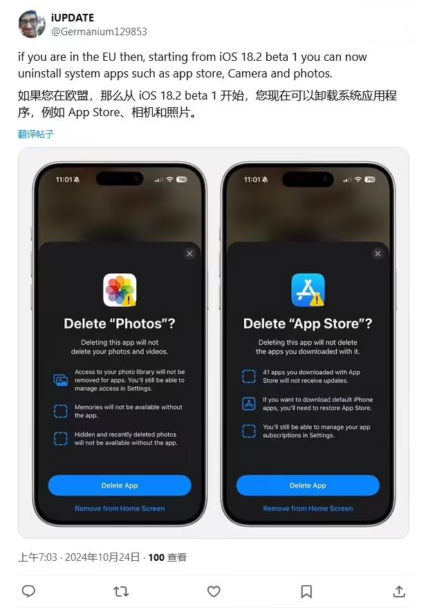 泰丰办事处苹果手机维修分享iOS 18.2 支持删除 App Store 应用商店 