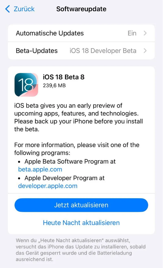 泰丰办事处苹果手机维修分享苹果 iOS / iPadOS 18 开发者预览版 Beta 8 发布 